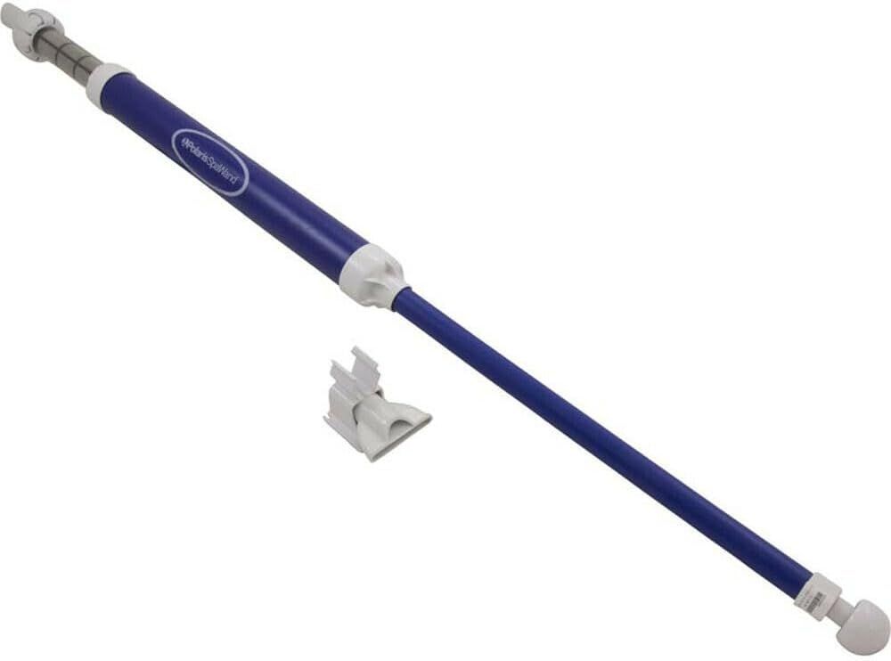 A blue and white pool cleaner with a clip attached to it on a white background.