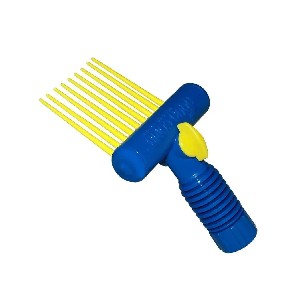 A blue comb with yellow bristles and a yellow handle