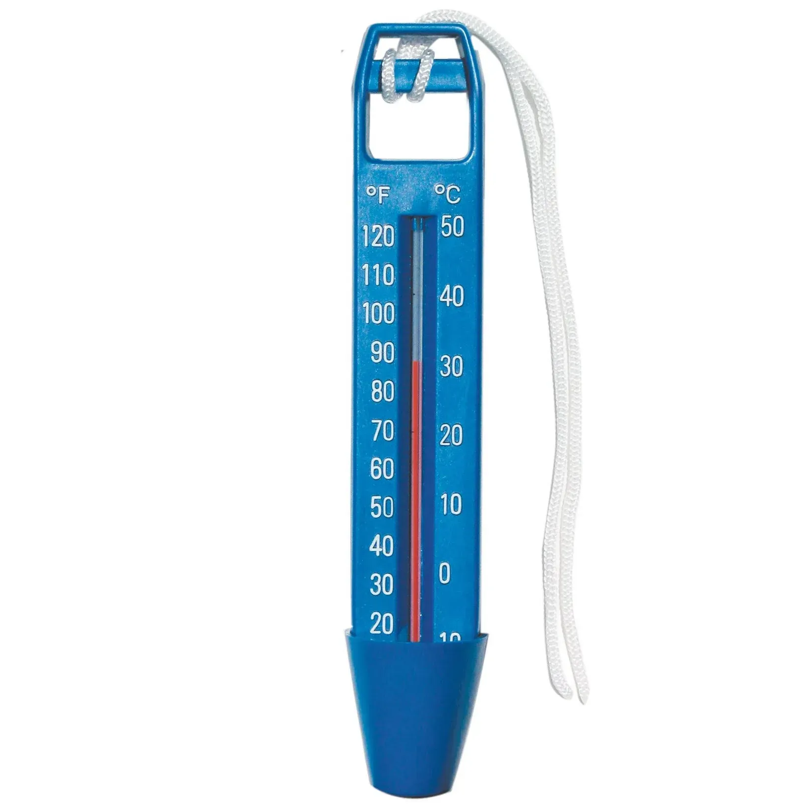 A blue thermometer with a string attached to it