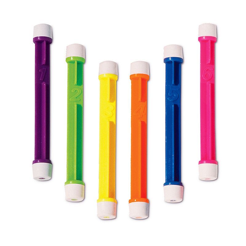 A row of colorful plastic sticks with white caps on a white background.