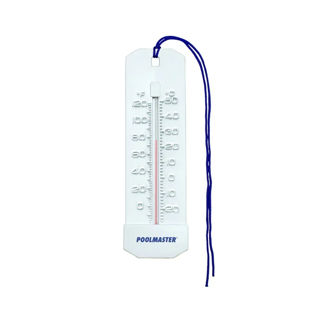 A white poolmaster thermometer with a blue string