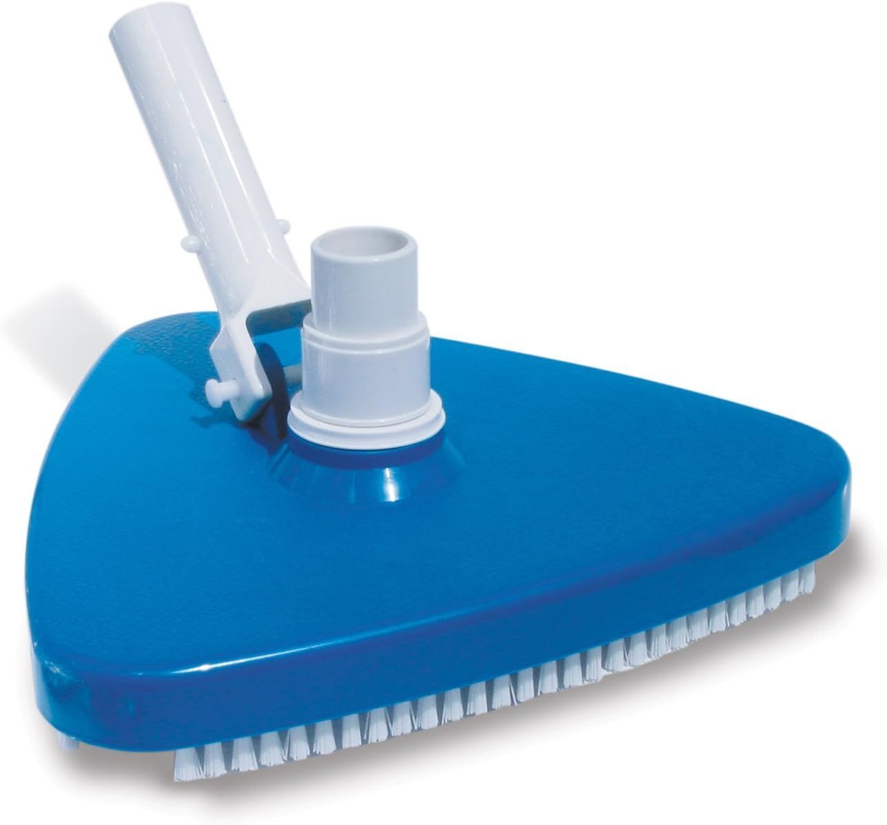 A blue triangle shaped pool cleaner with a white handle