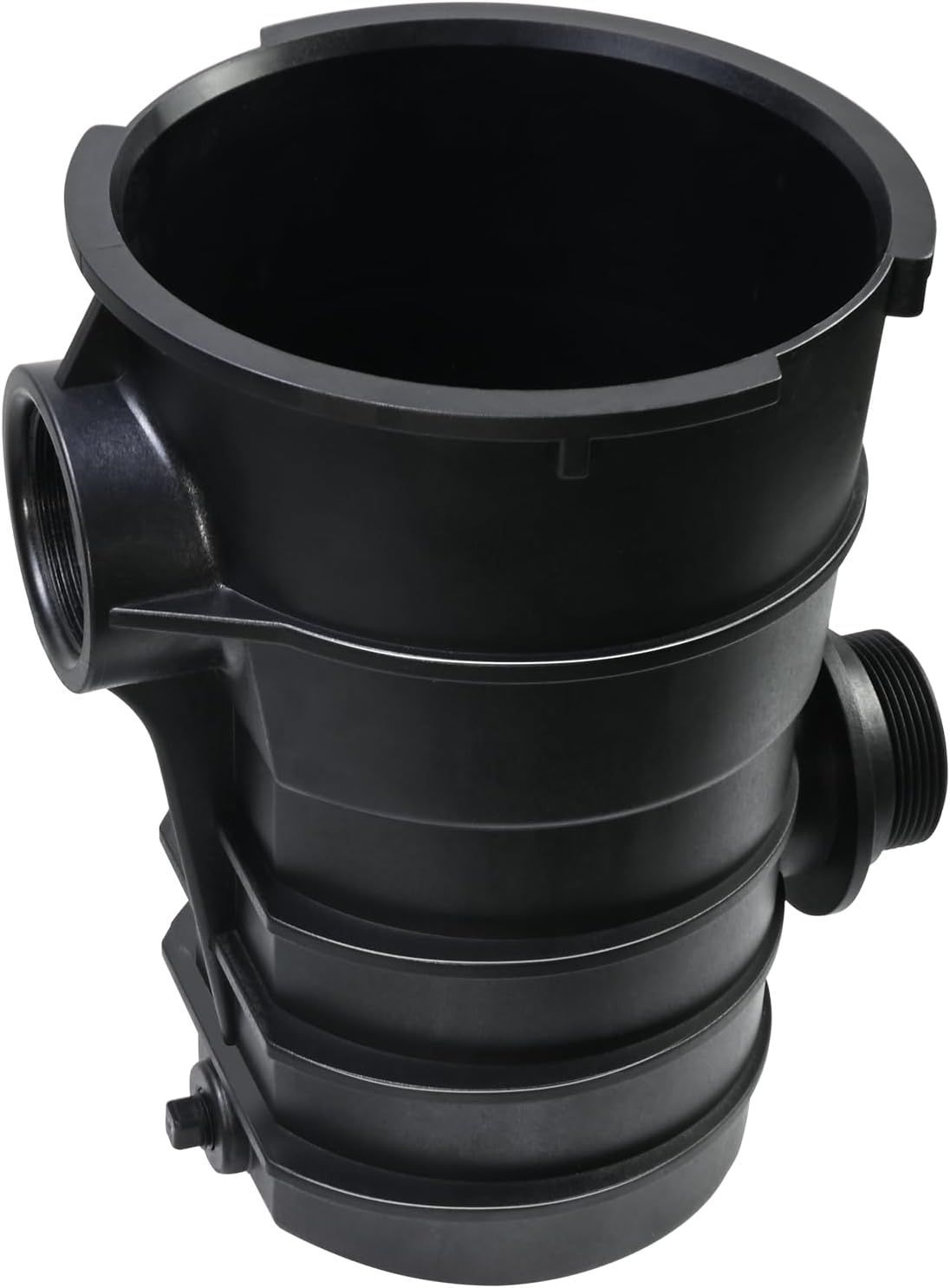 A black plastic bucket with a hose attached to it on a white background.