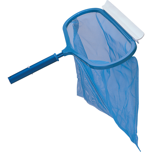 A blue swimming pool net with a white handle