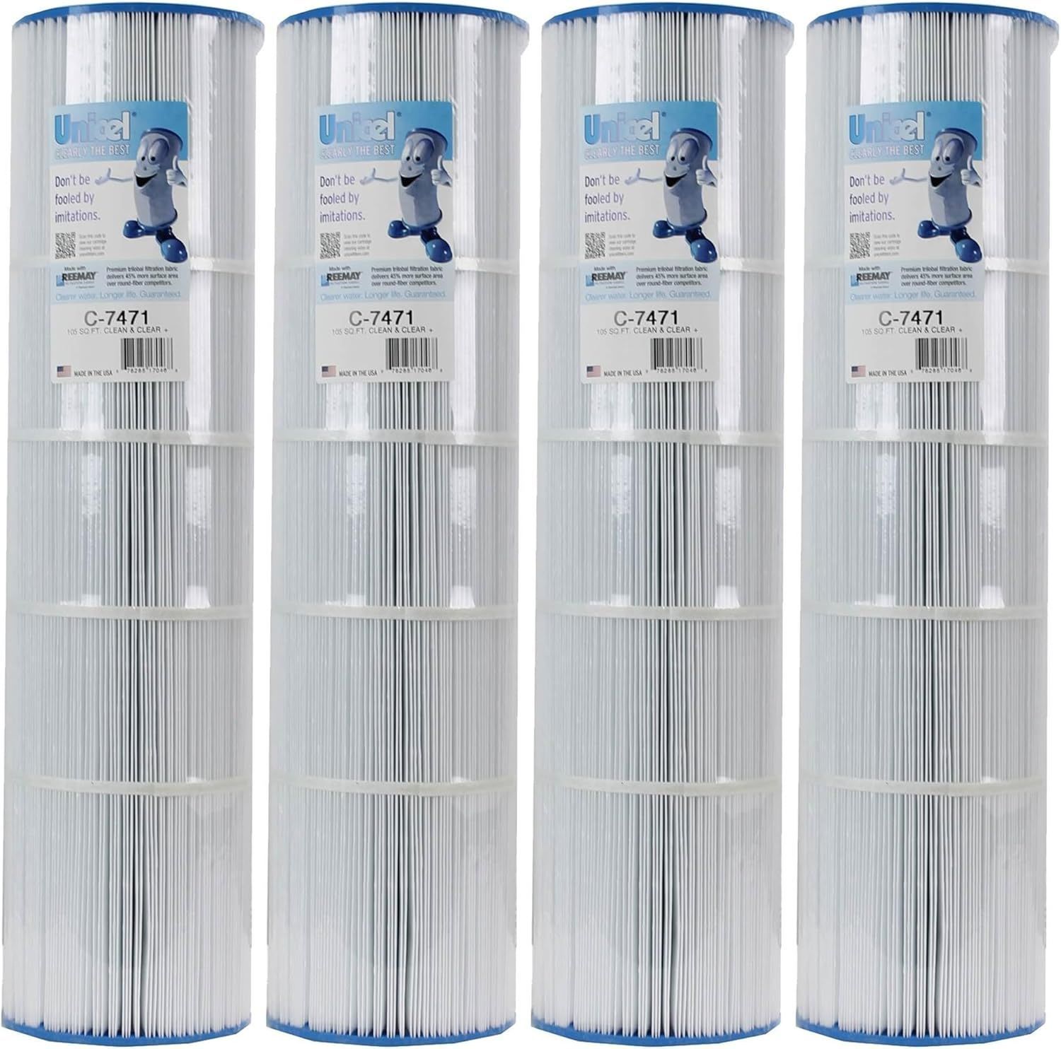 Four pool filters are lined up in a row on a white background.