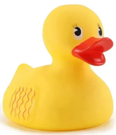 A yellow rubber duck with a red beak on a white background