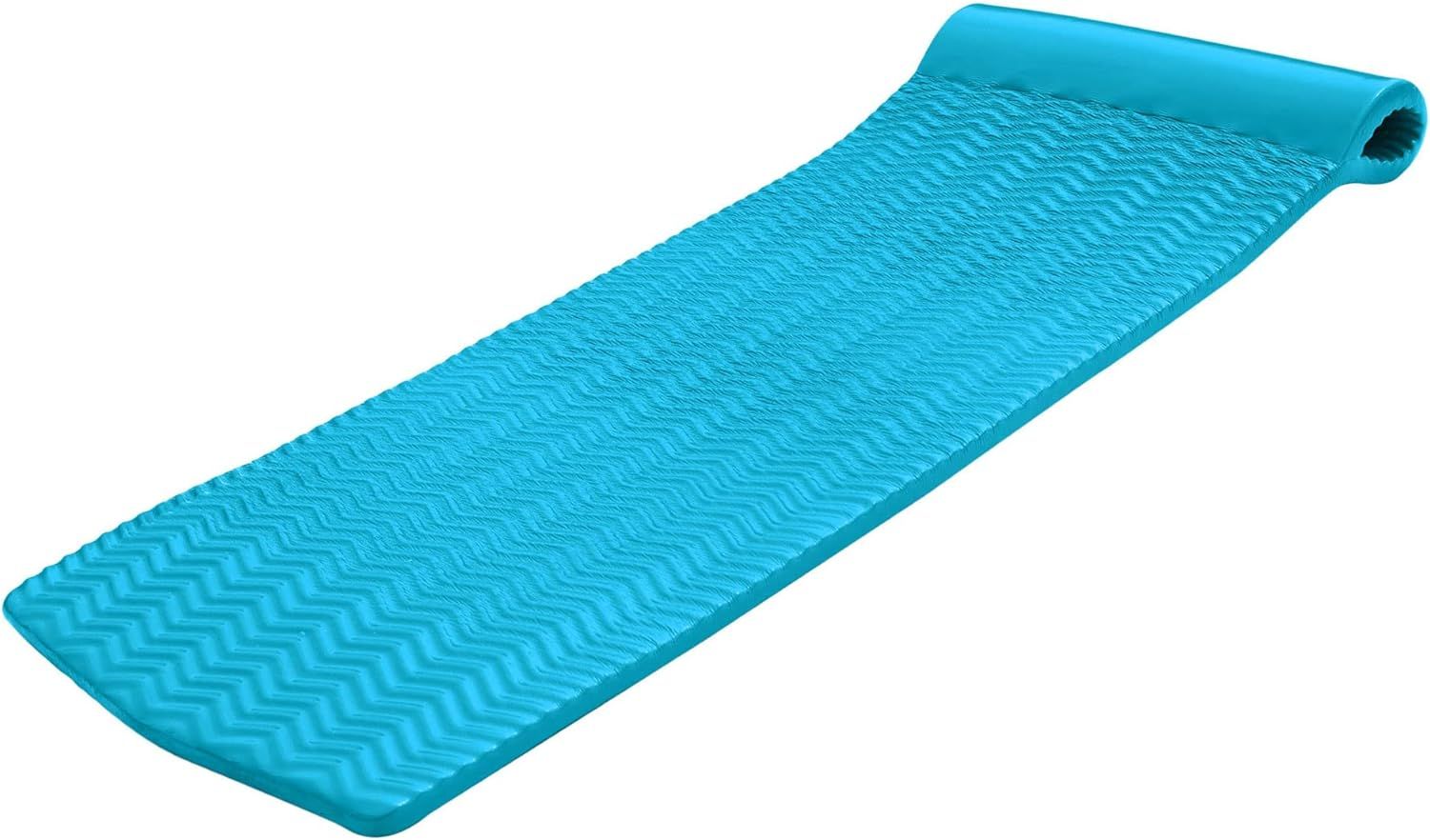 A blue floating mattress with a pillow on a white background.