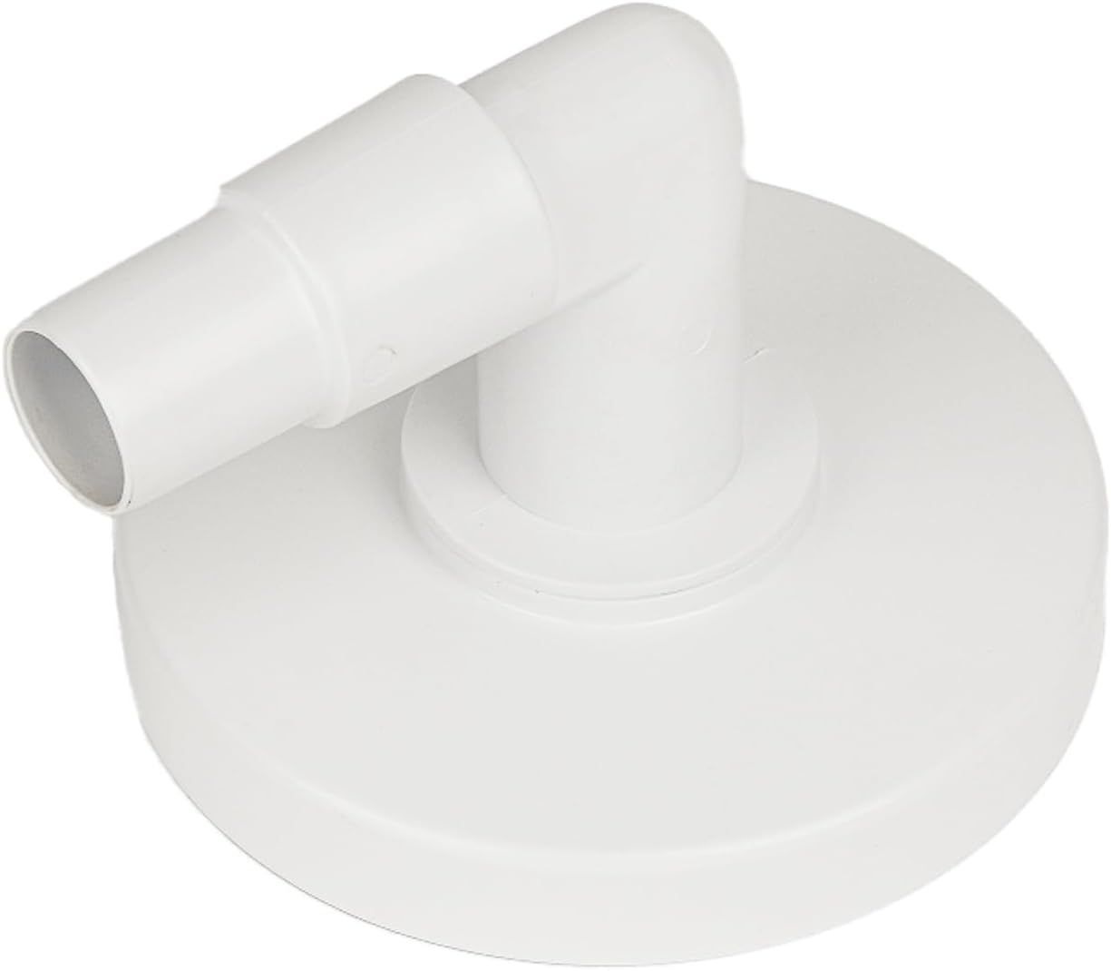 A white plastic hose connector with an elbow on a white surface.