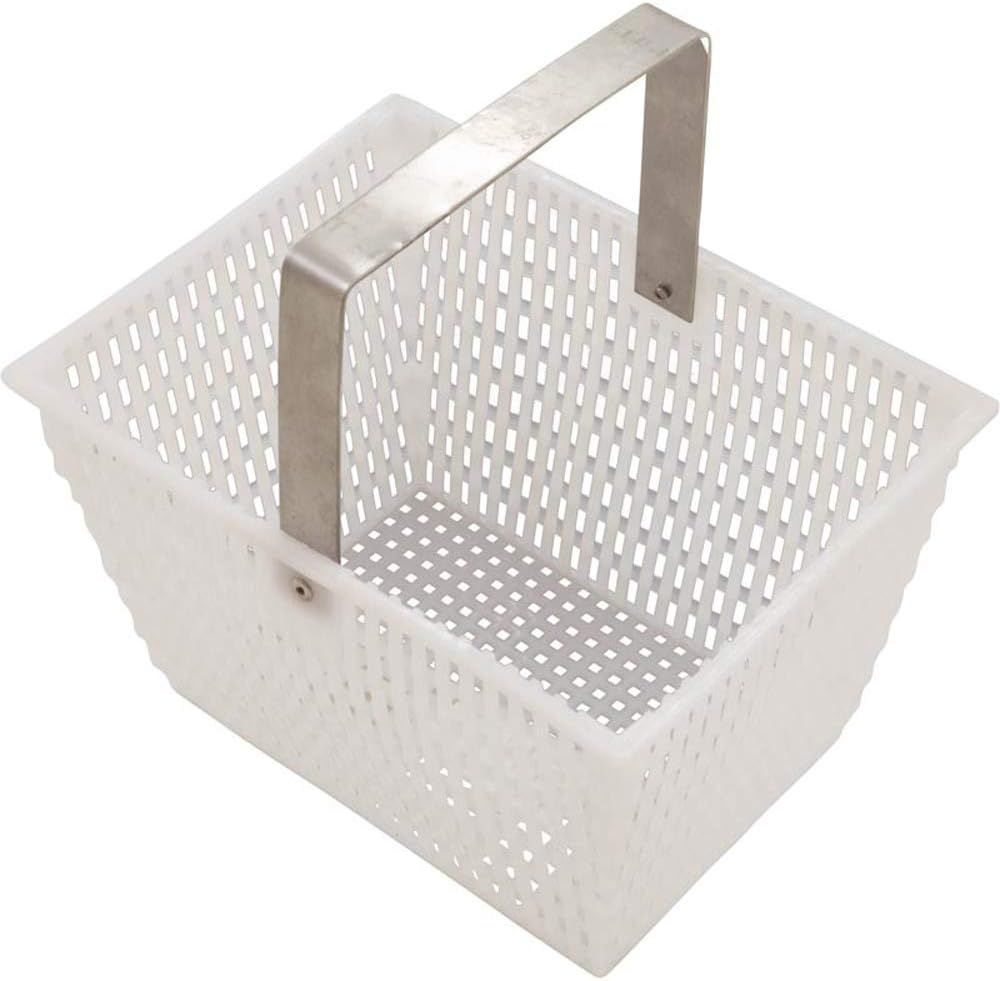 A white plastic basket with a stainless steel handle on a white background.