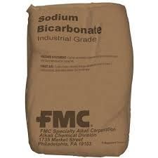A bag of sodium bicarbonate industrial grade is on a white background.