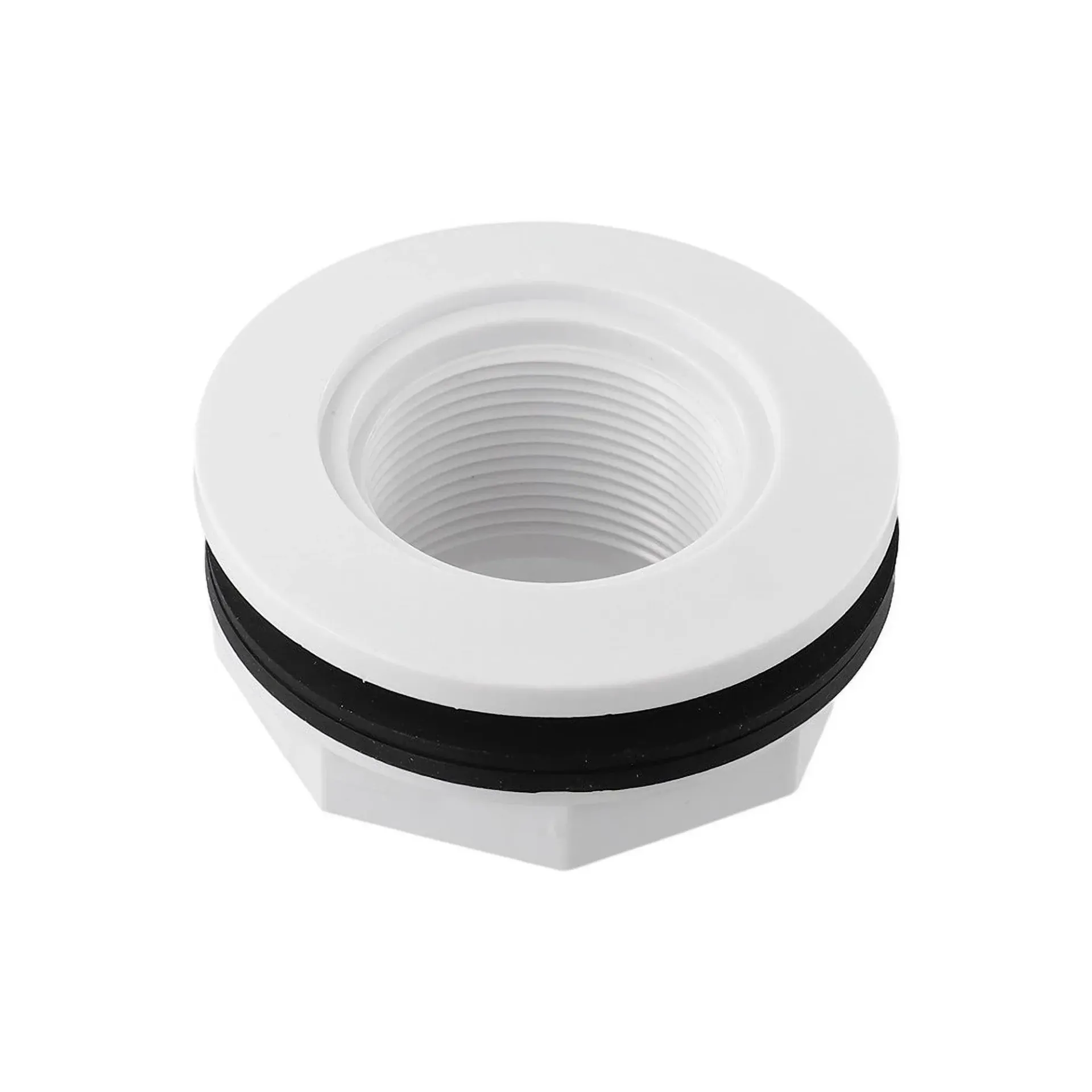 A white plastic fitting with a hole in the middle