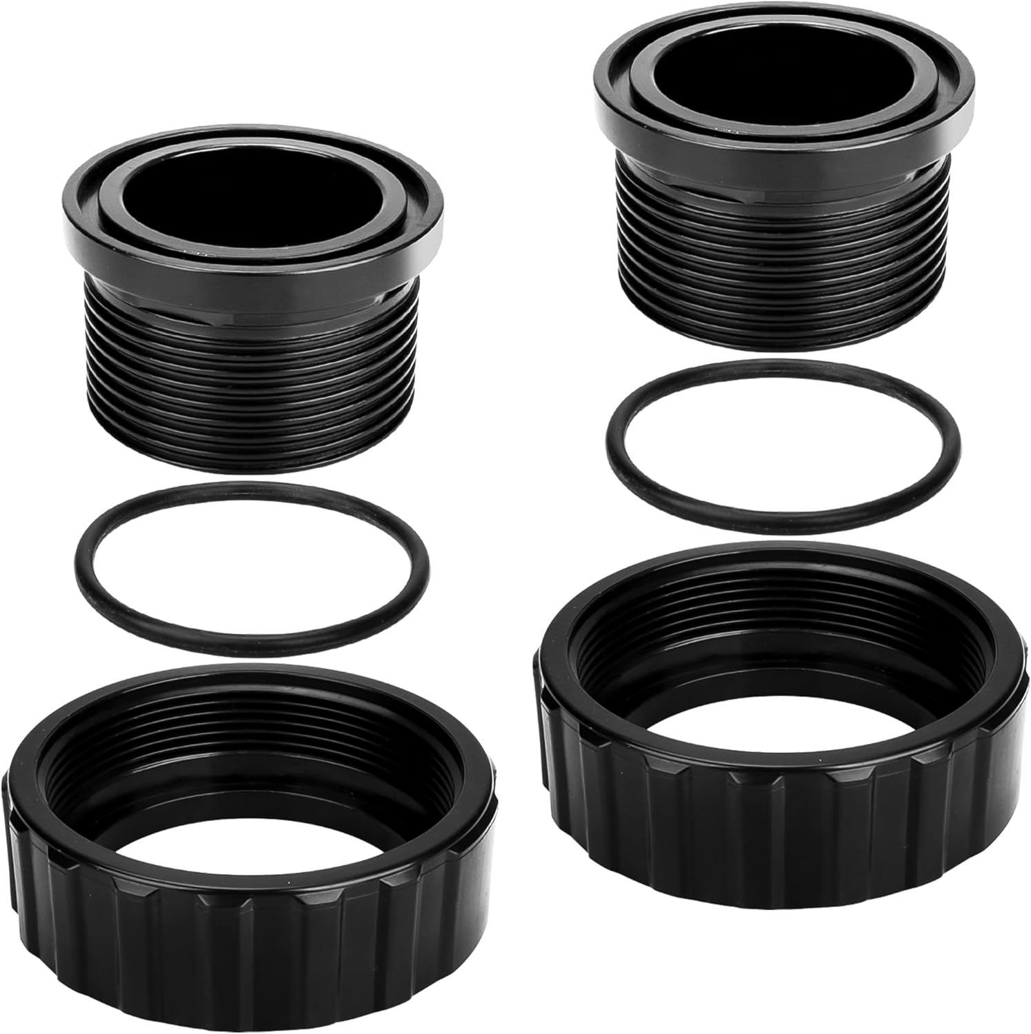 A set of black plastic connectors with rubber rings on a white background.