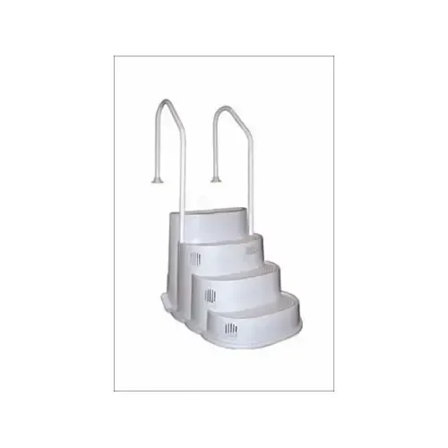 A set of white stairs with a handle on a white background.