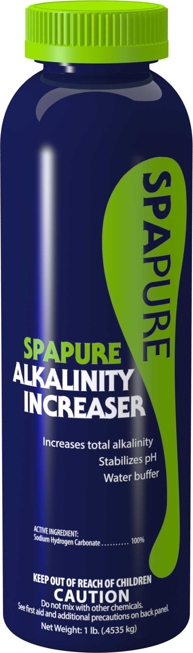 A blue and green bottle of spapure alkalinity increaser