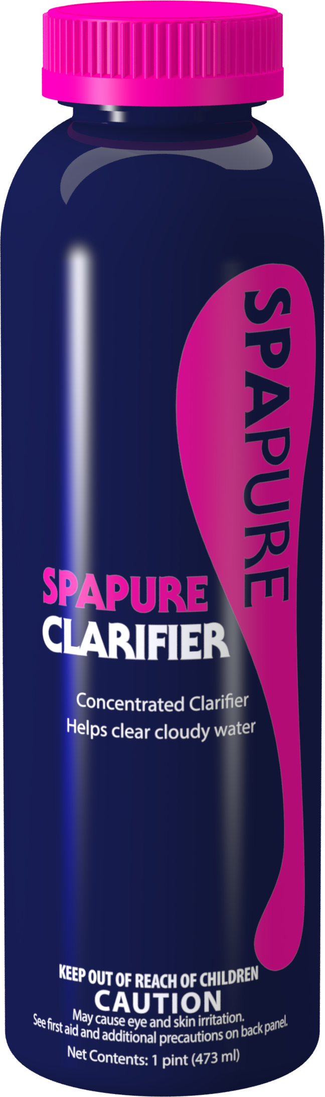 A bottle of spapure clarifier with a pink cap
