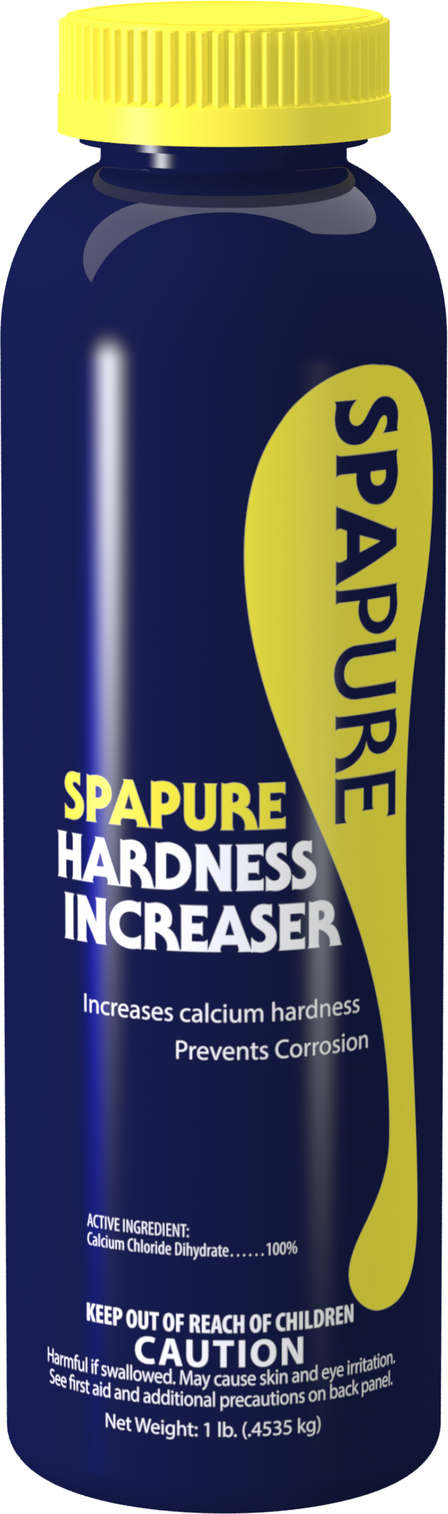 A bottle of spapure hardness increaser with a yellow cap