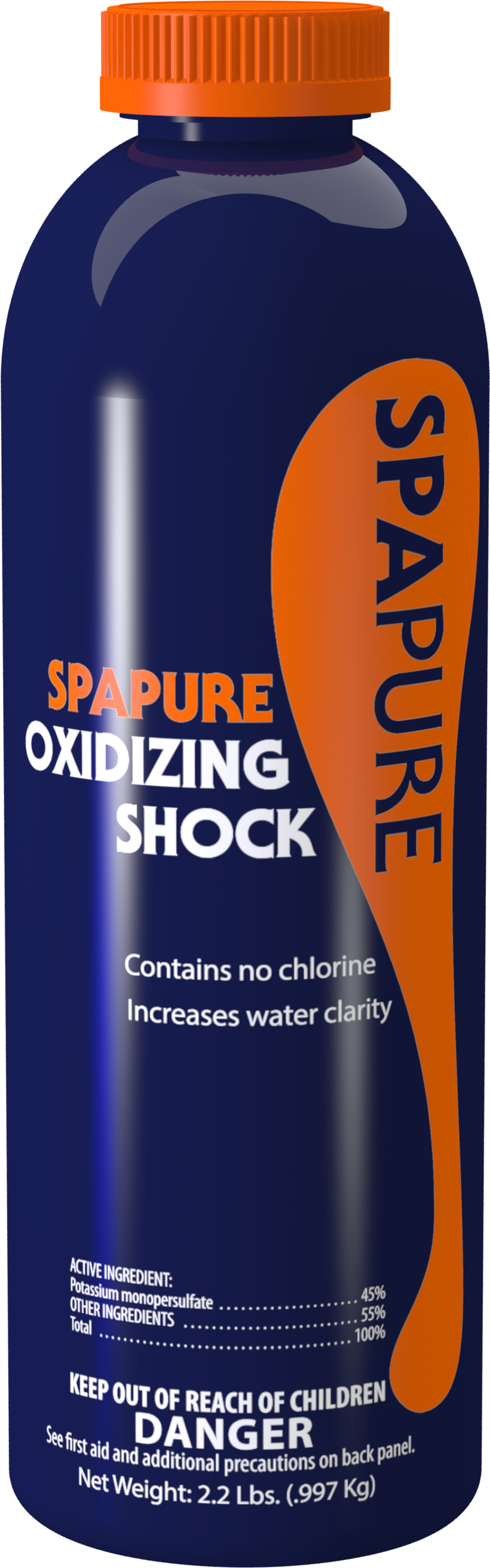 A blue and orange bottle of spapure oxidizing shock