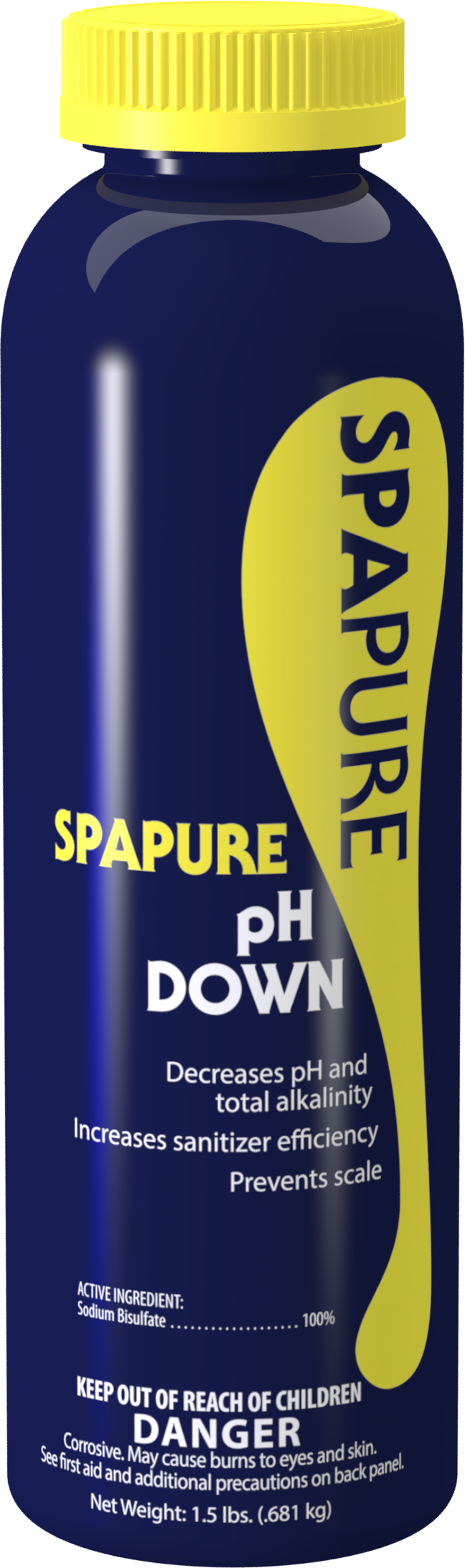 A blue and yellow bottle of spapure ph down