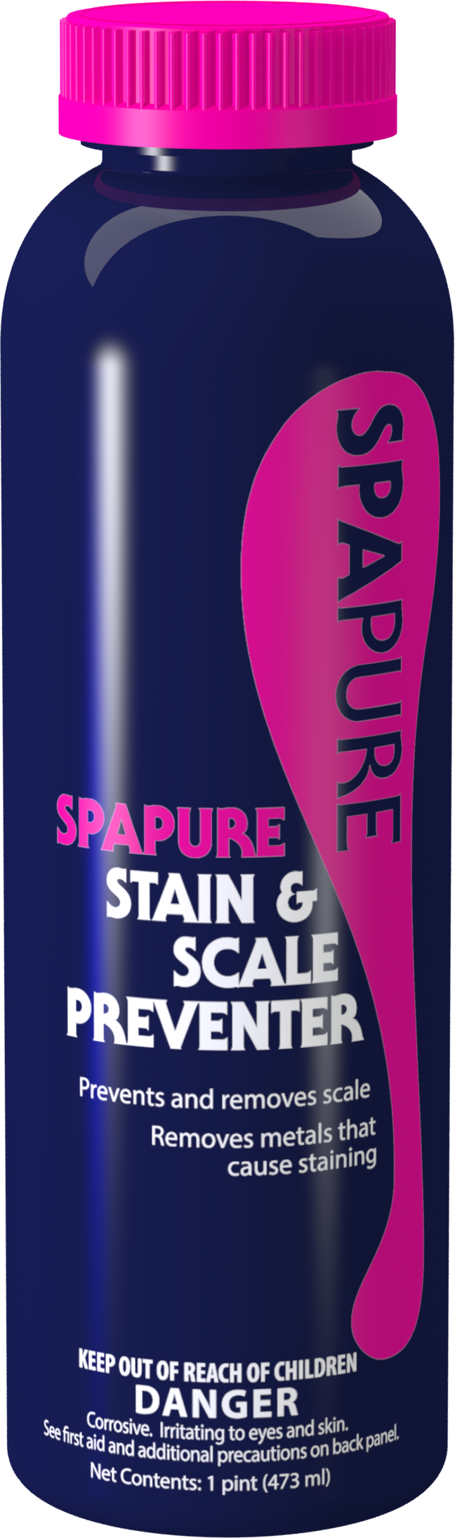 A blue bottle of spapure stain and scale preventer