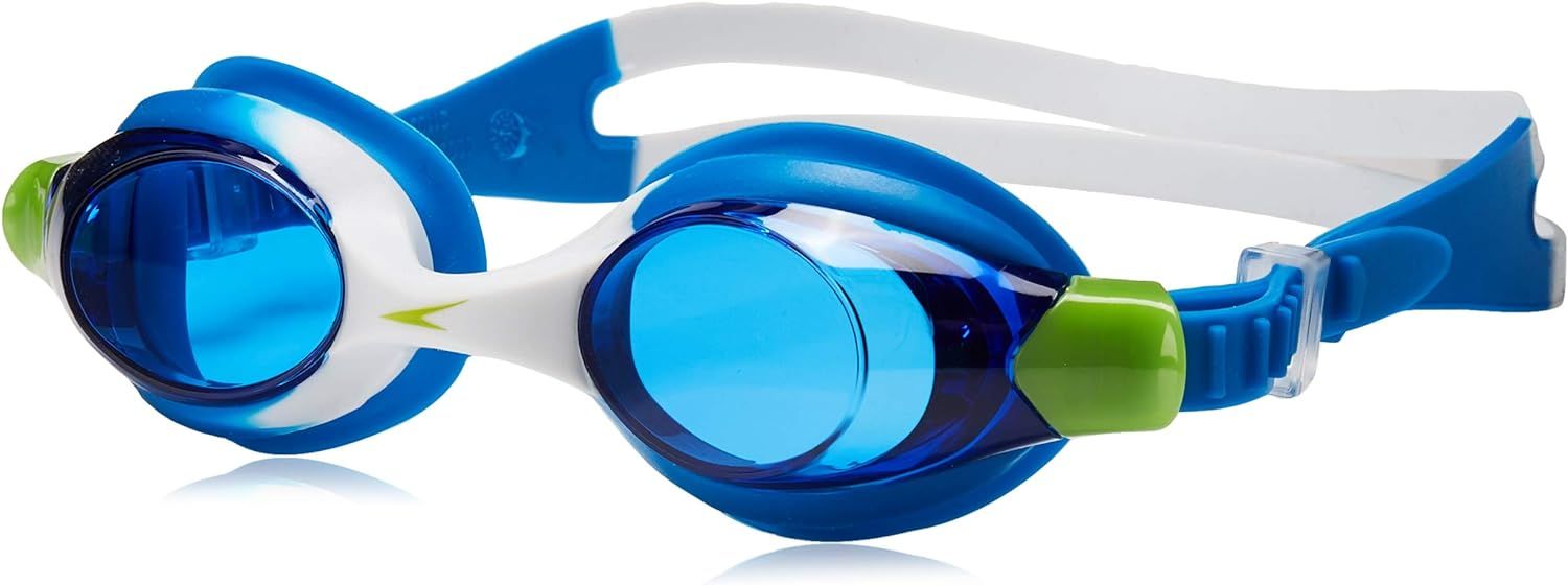 A pair of blue and green swimming goggles on a white background.
