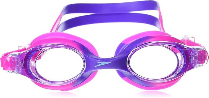A pair of pink and purple swimming goggles on a white background.