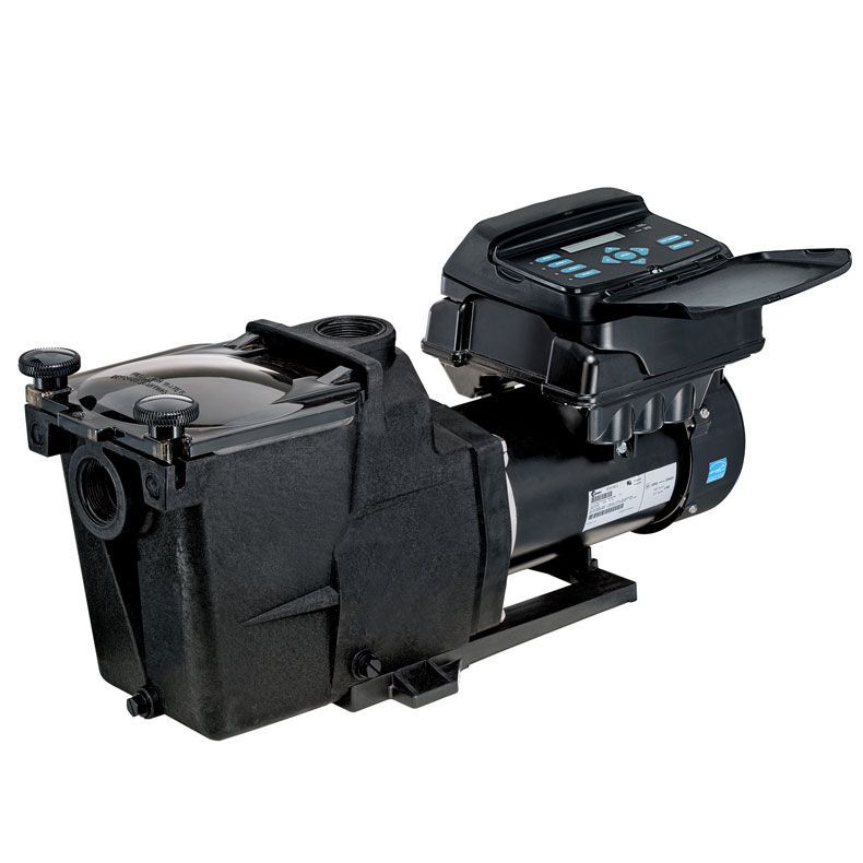 Black pool pump with digital controls.