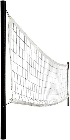 A volleyball net is sitting on top of a black pole on a white background.