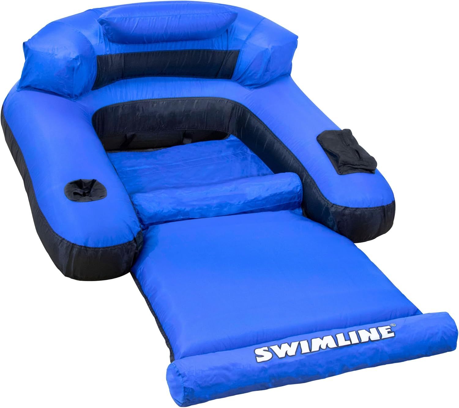A blue swimline inflatable chair with a mattress underneath it