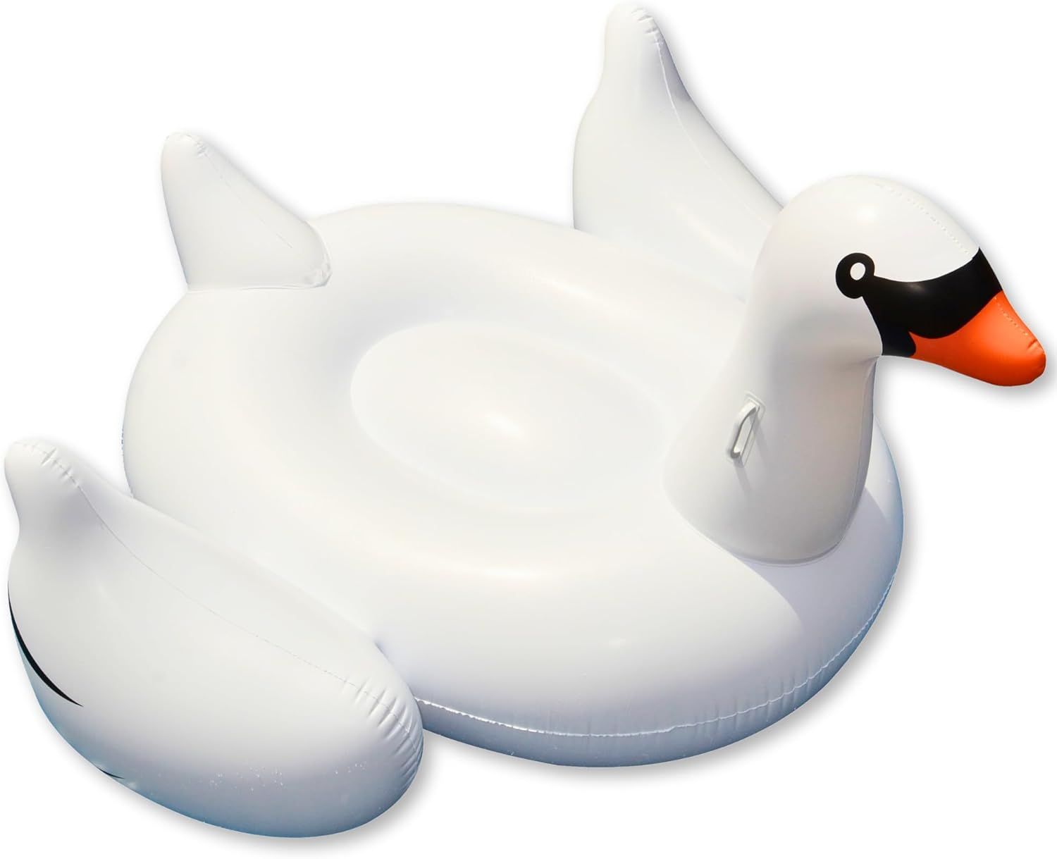 A white inflatable swan with an orange beak