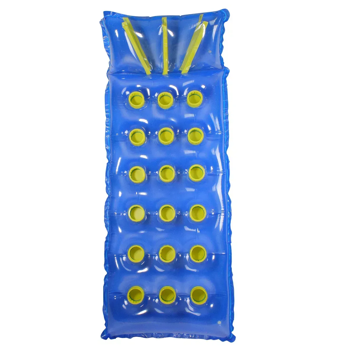 A blue inflatable raft with yellow holes in it