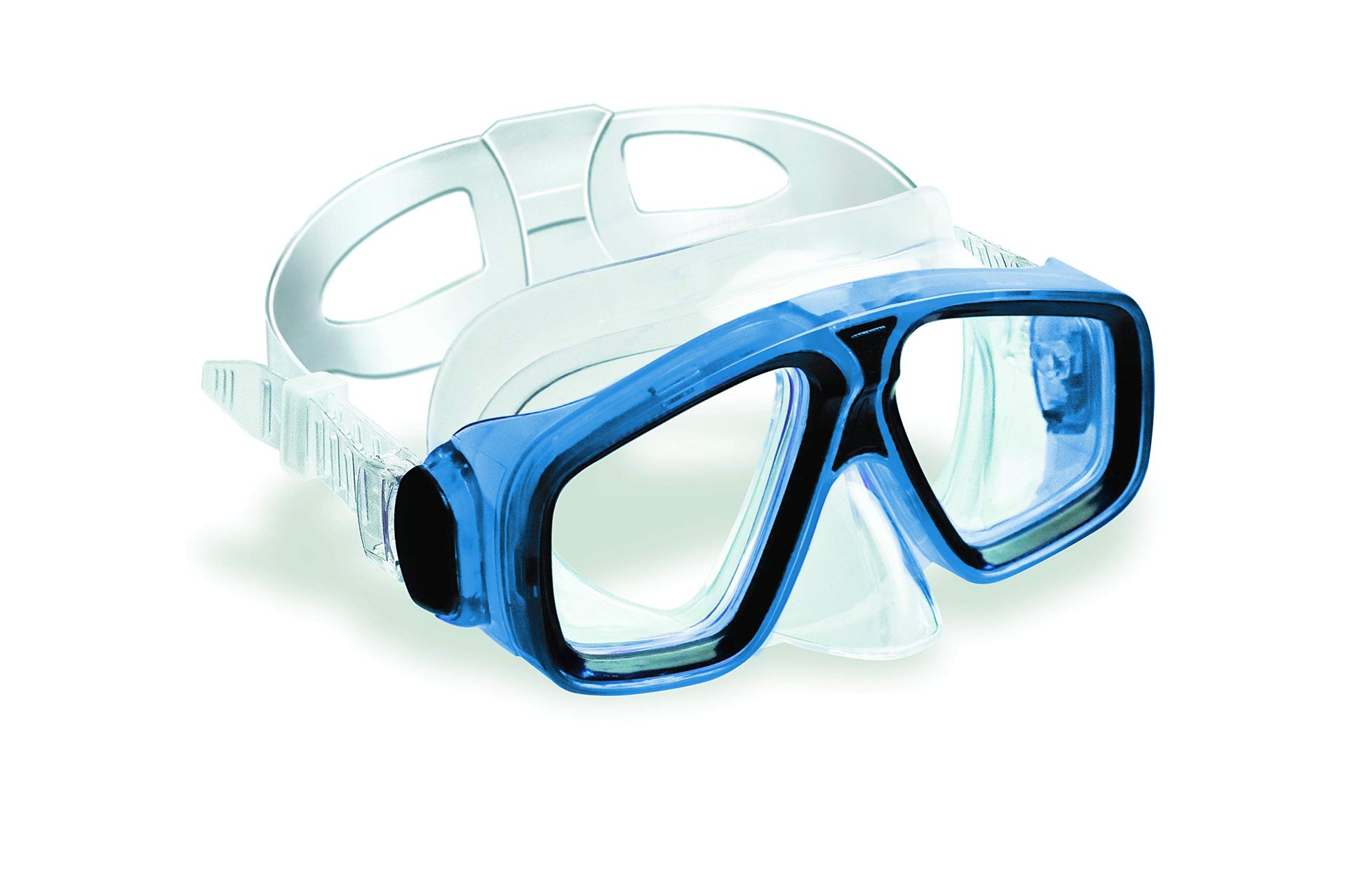 A pair of blue and white scuba diving goggles on a white background.