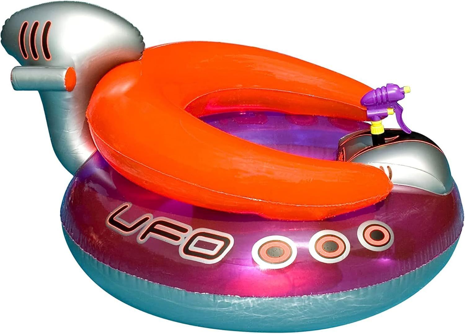 A purple and orange inflatable ufo with a person on it.