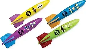 Three colorful rockets are sitting on top of each other on a white surface.