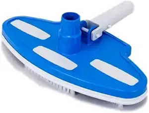 A blue and white swimming pool vacuum cleaner with a white handle.