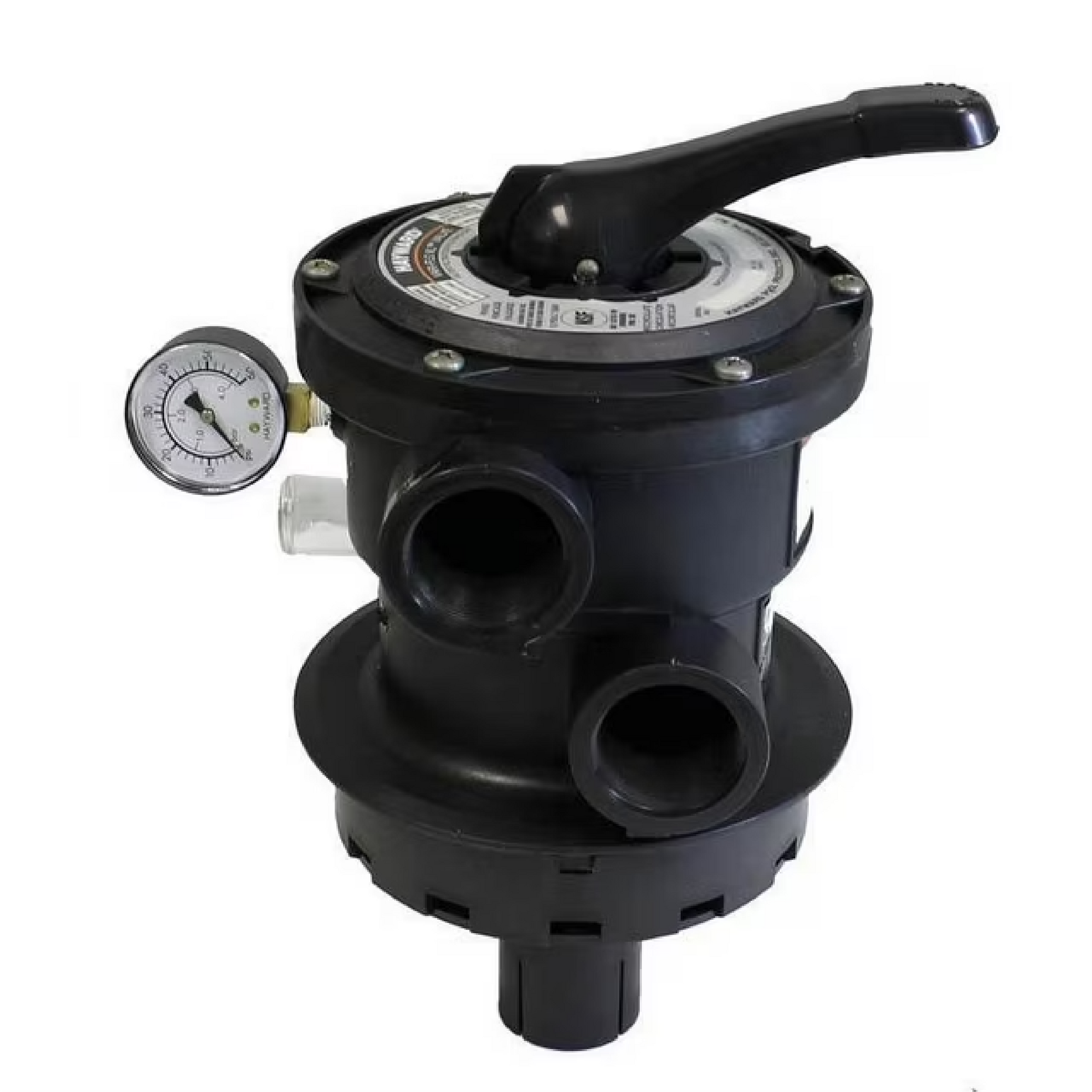 A black valve with a gauge attached to it on a white background.