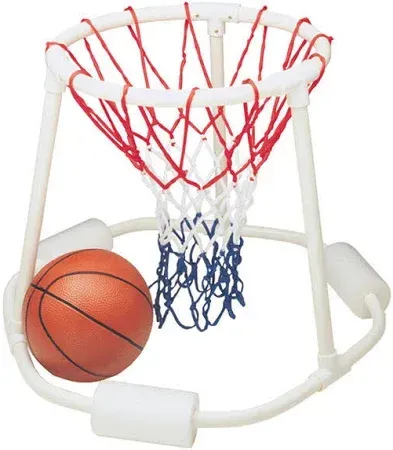 Floating basketball hoop with ball; white frame, red/blue net, in pool.