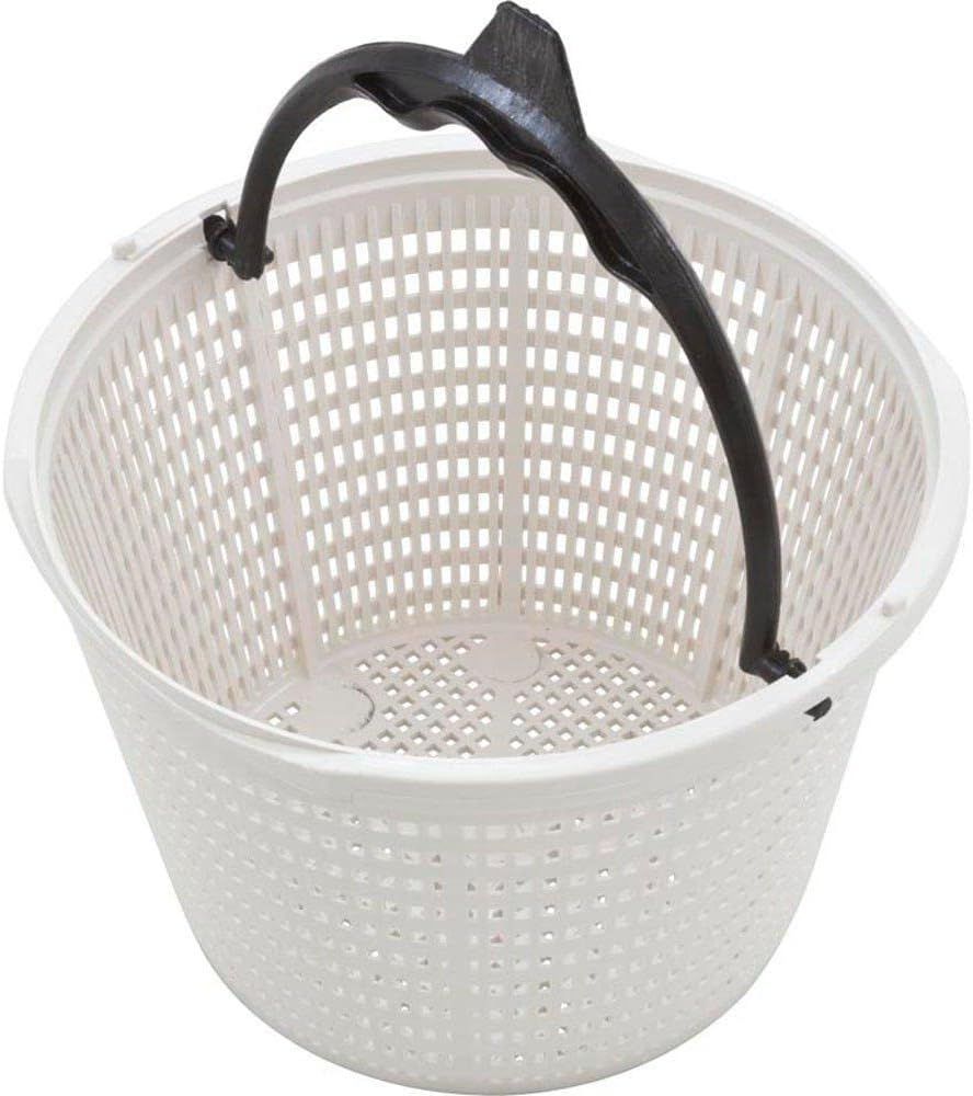 A white basket with holes in it and a black handle