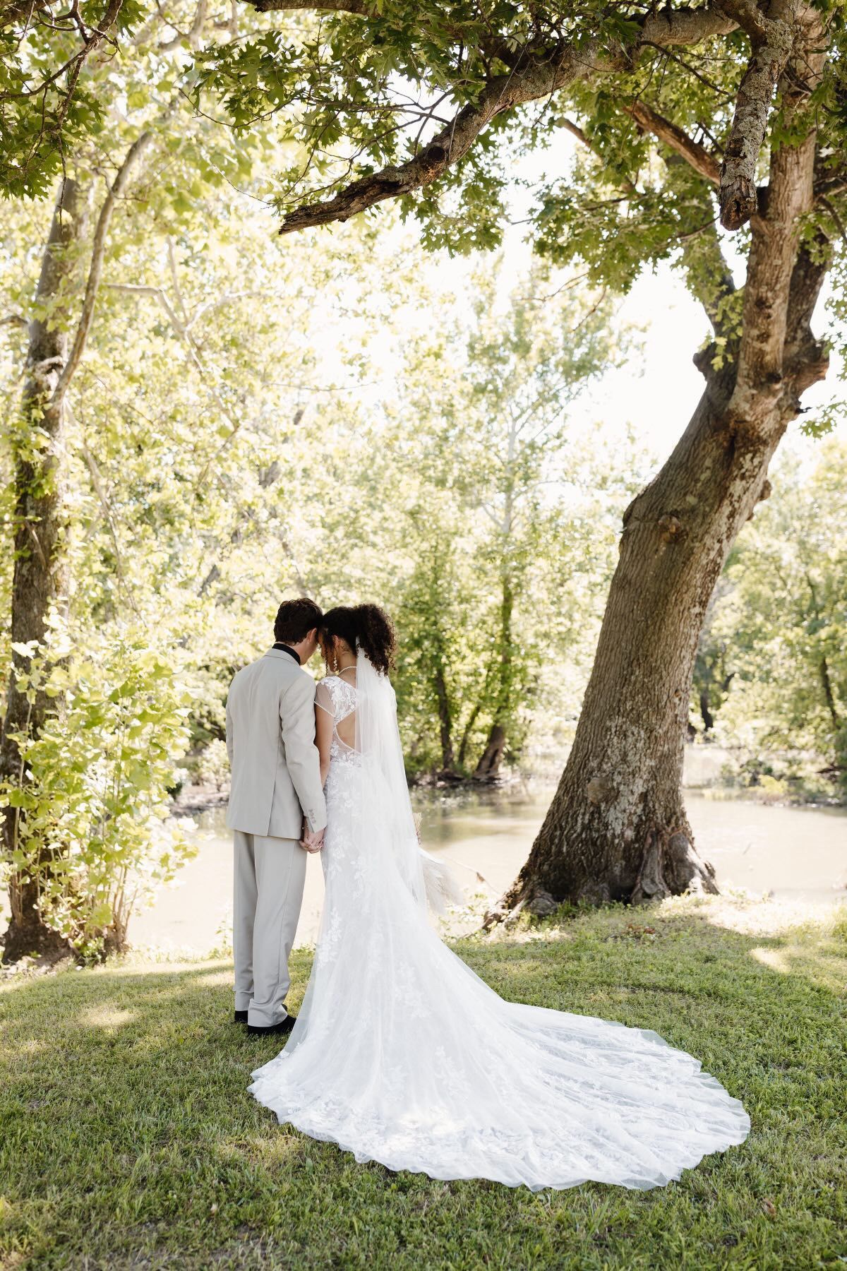 A bride and groom are kissing under a tree on their wedding day.