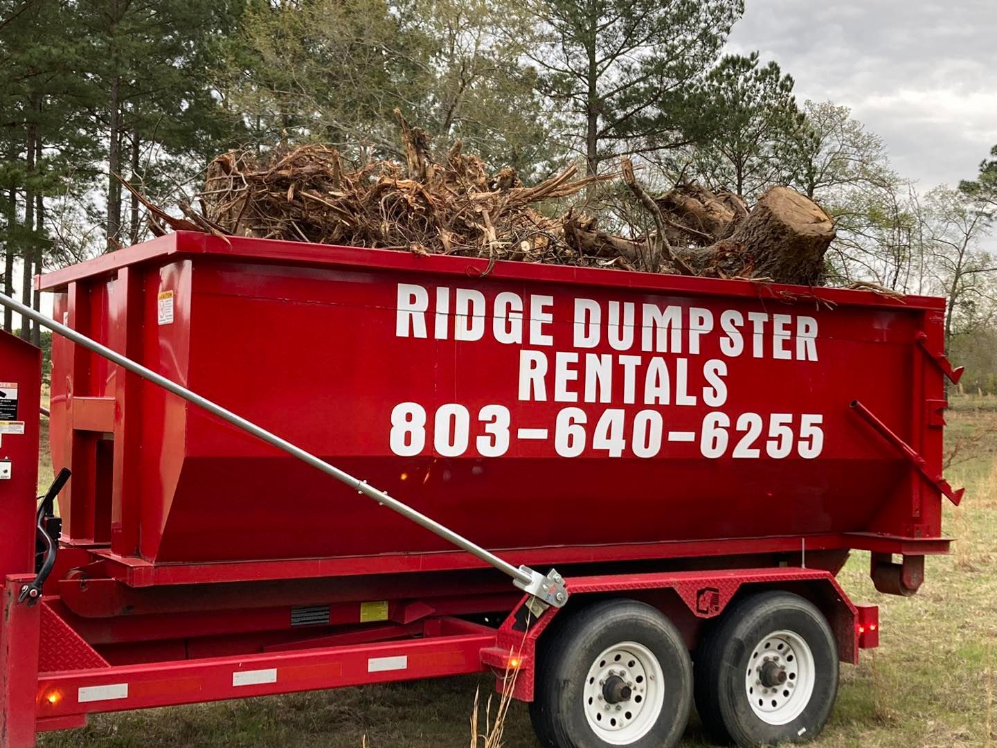 A red dumpster filled with wood is parked in a field.