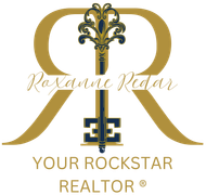 Gold-colored logo with a navy blue "RR" monogram above "ROXANNE REDAR, YOUR ROCKSTAR REALTOR."