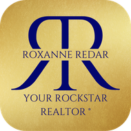 Gold-colored logo with a navy blue "RR" monogram above "ROXANNE REDAR, YOUR ROCKSTAR REALTOR."