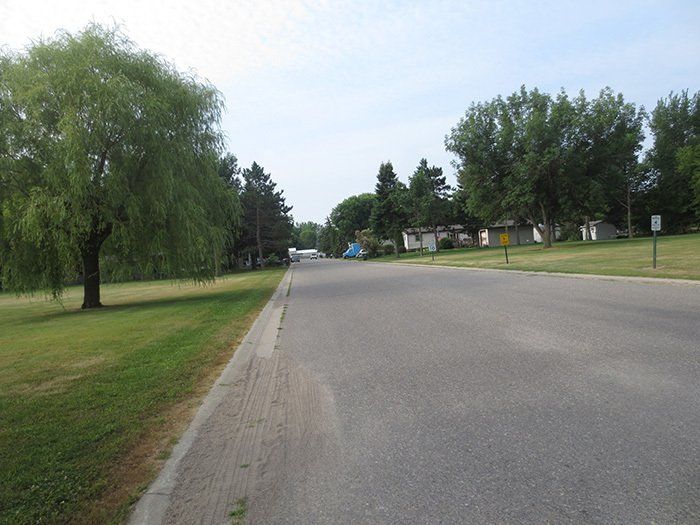 a residential street with trees and grass on both sides