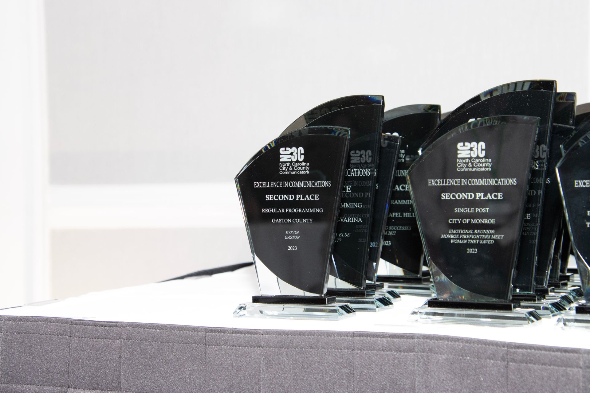 NC3C Excellence in Communications Award trophies at the 2023 Wilmington conference