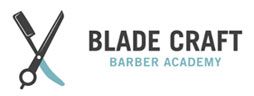 The logo for blade craft barber academy shows a pair of scissors and a razor.