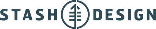 A logo for stash design with an arrow pointing up.