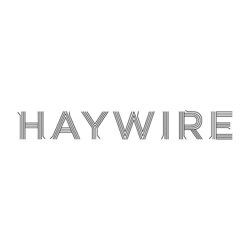 A black and white logo for haywire on a white background.
