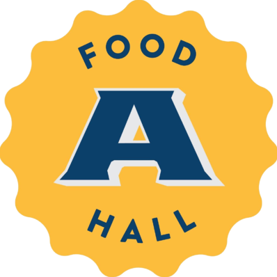 A logo for the food hall with a blue letter a on a yellow background