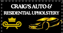 Logo for Craig's Auto & Residential Upholstery, black background with gold couch, crown, and car silhouette.
