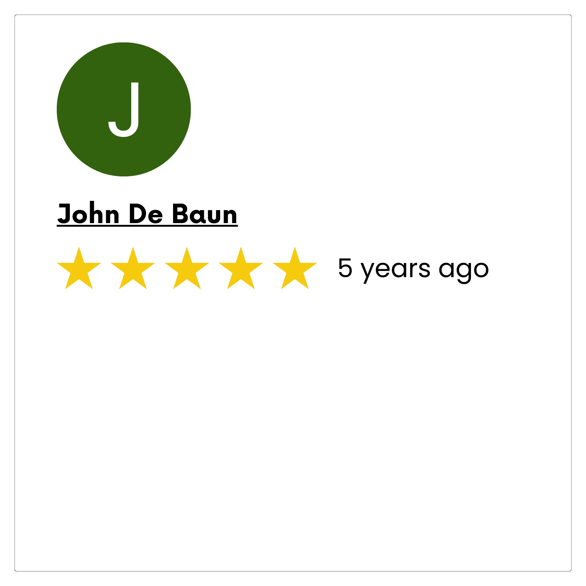 A screenshot of a john de baun review with five stars