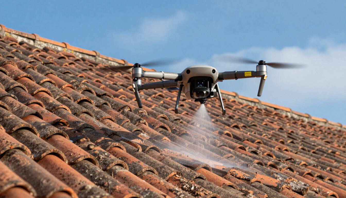 Intervention de démoussage de toiture par drone effectuée par GEAGI à Yvetot.